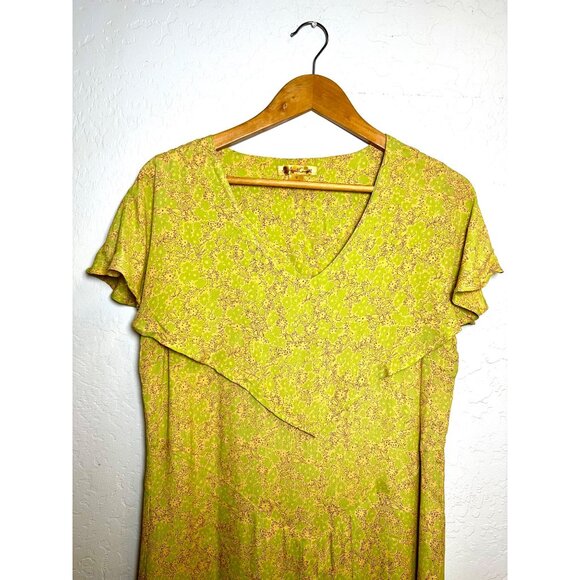 April Cornell Yellow Floral Midi Dress Rayon Ruffle Overlay V-Neck Size M - Picture 5 of 8